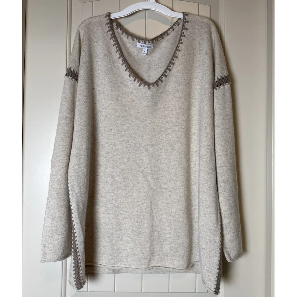 Johnny Was 100% Cashmere V-Neck Sweater Oatmeal Whipstitch Women's Medium Boho